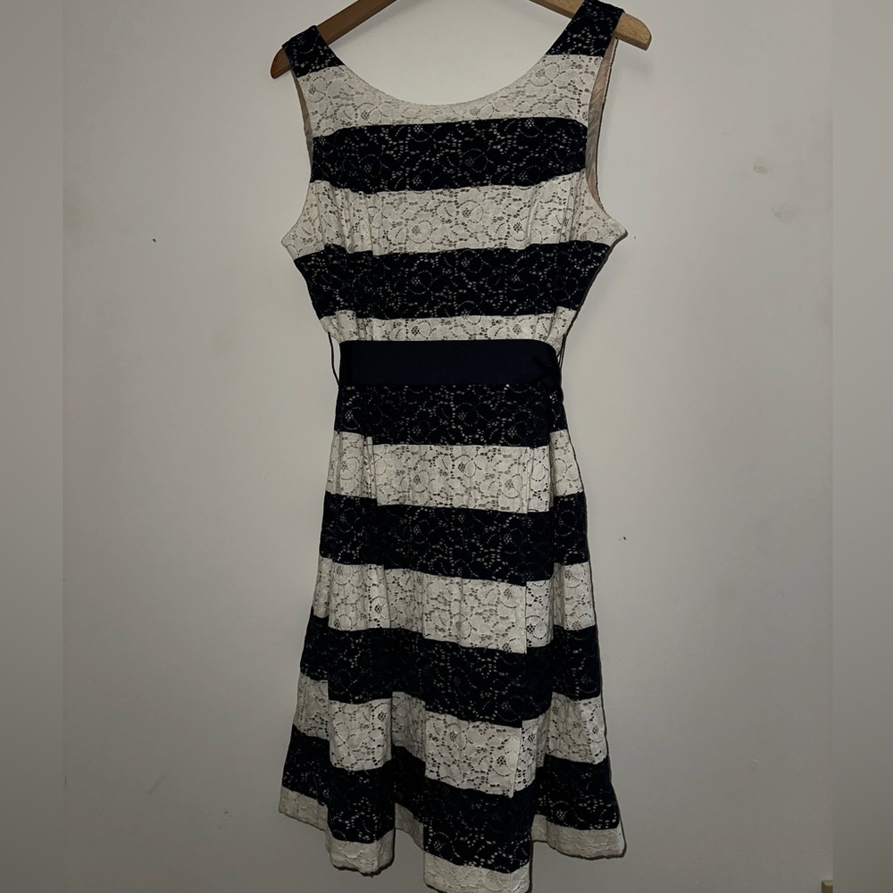 Juniors Navy and White Striped Lace Lined Dress